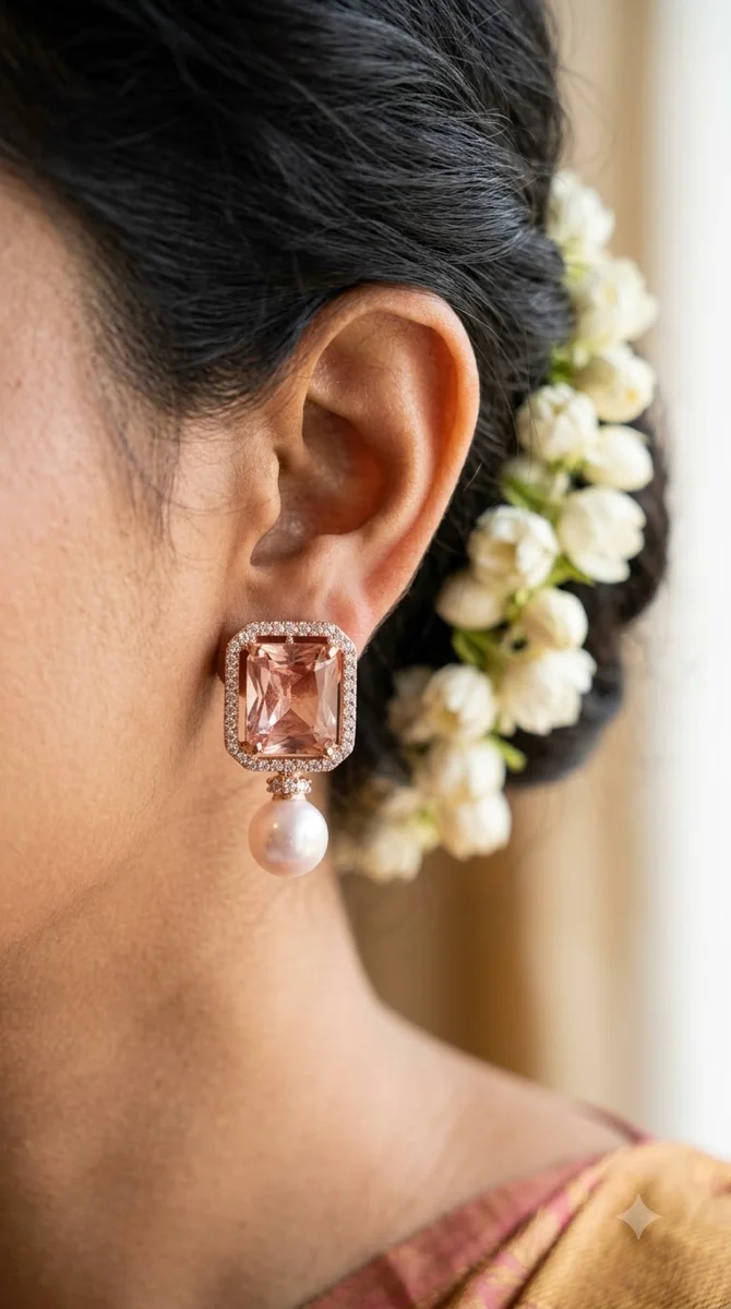 American Diamond Pink Stone Earrings - 05