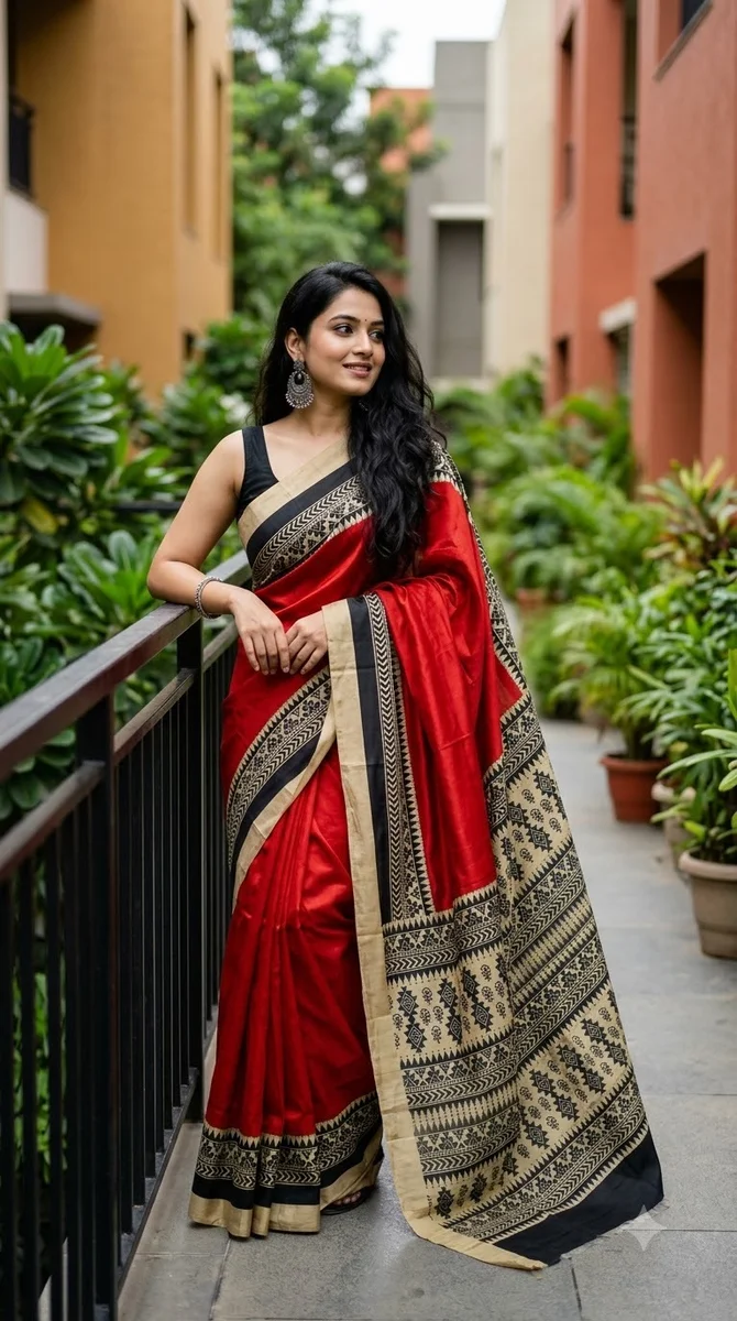 SCREEN PRINT ON ZARI BORDER SILK CHANDERI SAREE