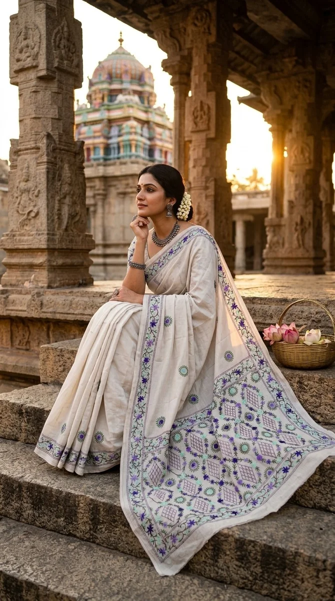 Phulkari Hand Stitch Chanderi Saree - 04