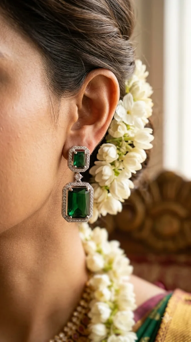 American Diamond Green Stone Earrings - 02