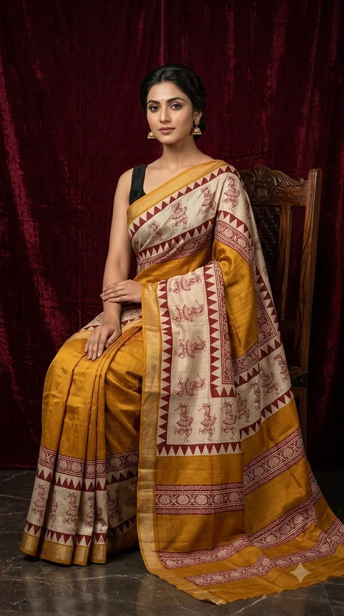 SCREEN PRINT ON ZARI BORDER SILK CHANDERI SAREE
