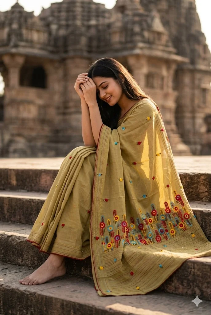 Bulian Hand Stitch Chanderi Saree