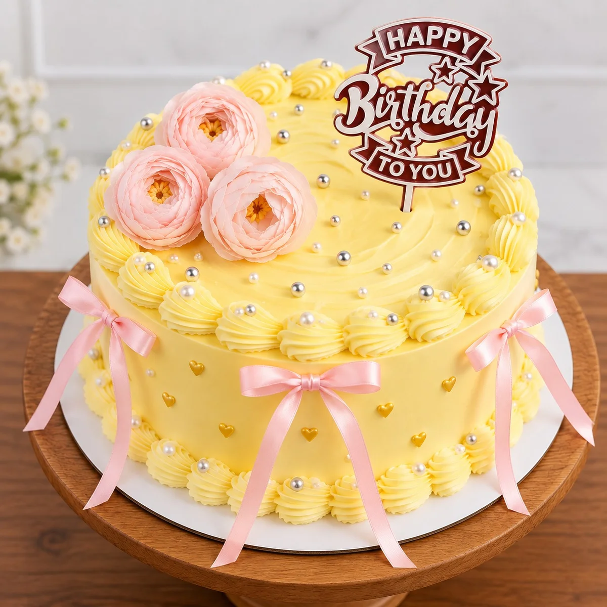 Yellow Floral Bow Birthday Cake – 500 g