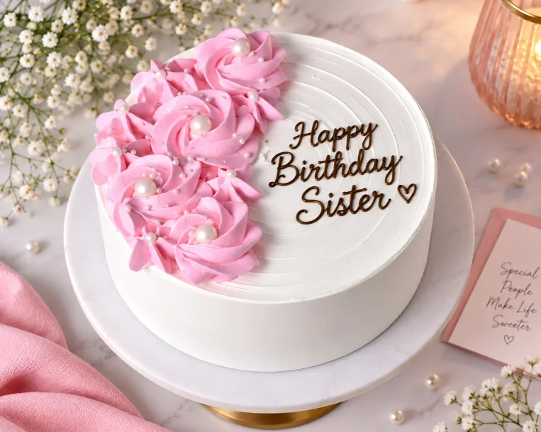 Vanilla Pink Rosette Sister Birthday Cake – 500 gms