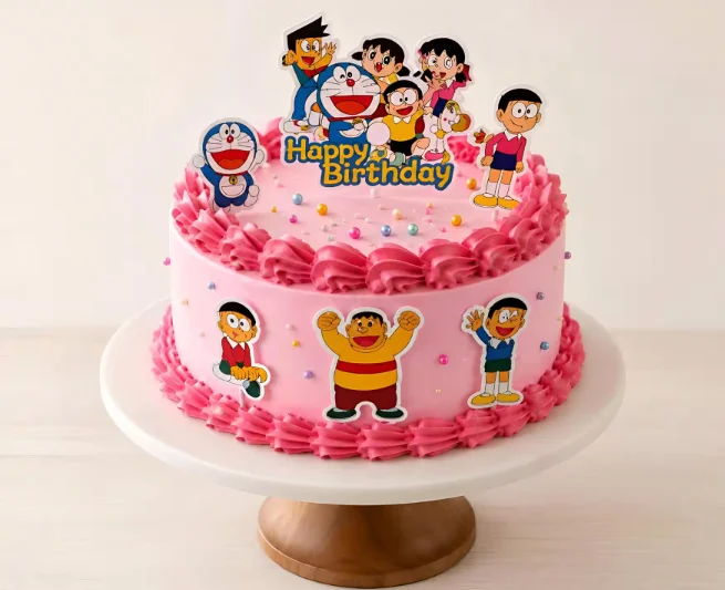Doraemon & Friends Pink Birthday Strawberry Cake 500 gm – Kids Cartoon Theme Cake