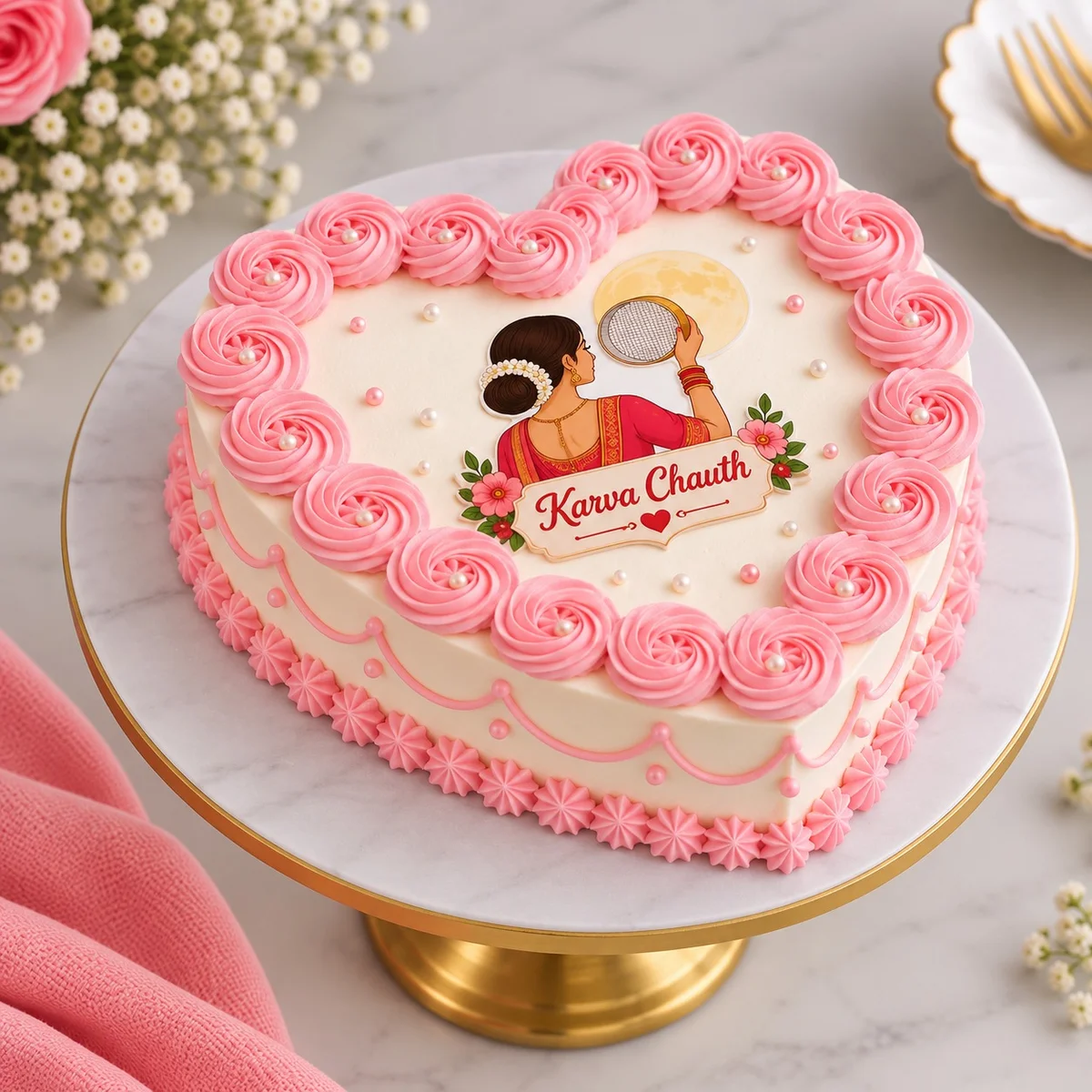 Blush Pink Rose Karwa Chauth Heart Cake – 500g