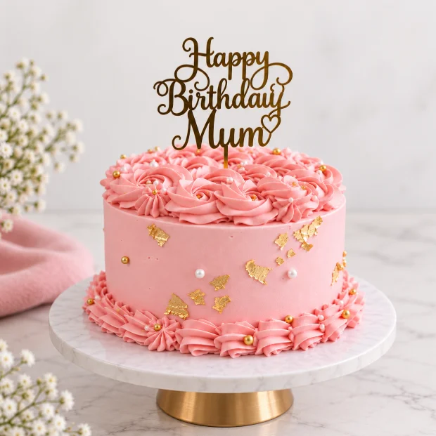 Elegant Happy Birthday Mum Pink Rosette strawberry Cake 500 gm