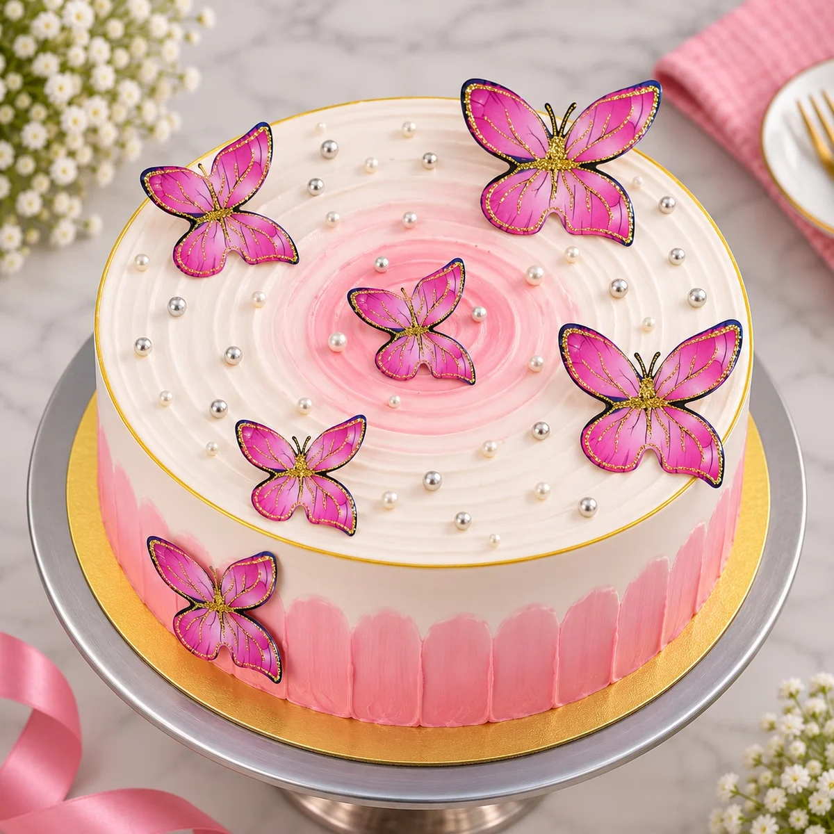 Pink Butterfly Pearl Designer strawberry Cake – 500 g