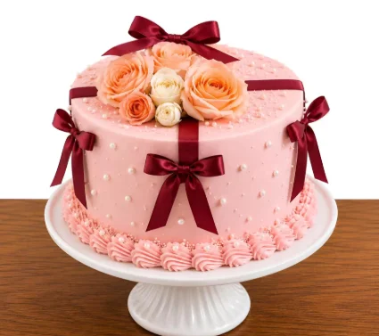 Elegant Pink Rose & Burgundy Bow Celebration Cake – 500 g