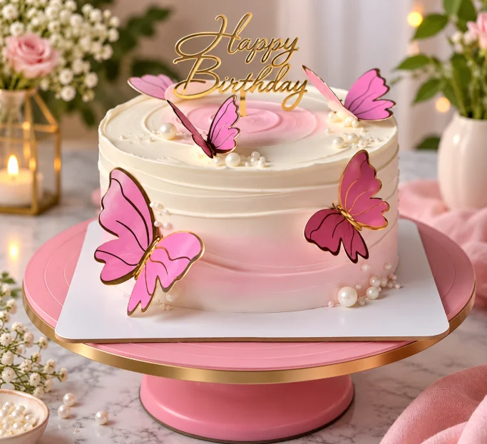 Elegant Strawberry Pink Butterfly Birthday Cake - 500gm