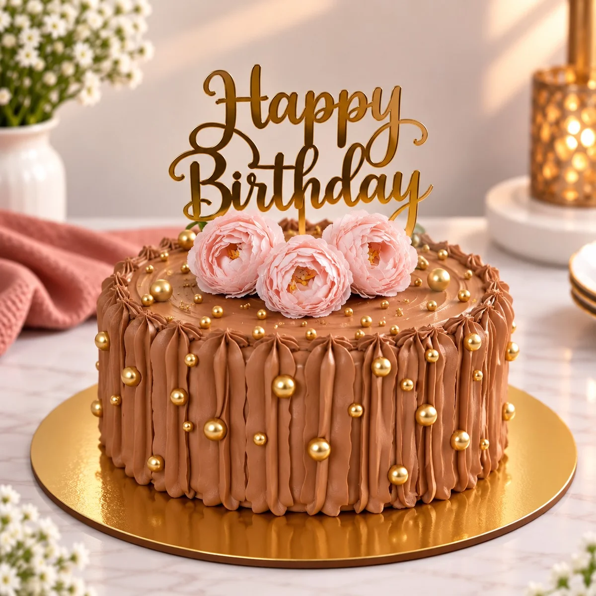 Chocolate Floral Pearl Birthday Cake – 500 g