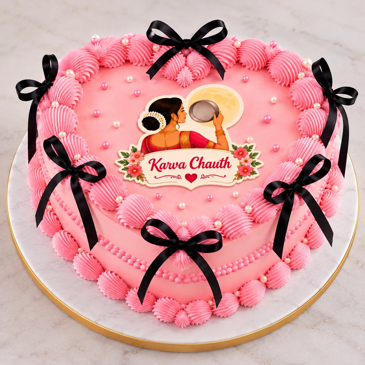 Pink Ribbon Heart Karwa Chauth Cake – 500g