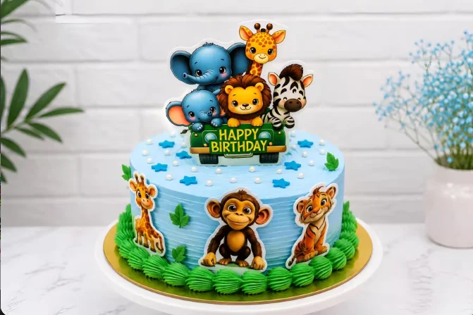 Cute Jungle Animals Birthday Cake – Kids Safari Theme Cake (500 g)