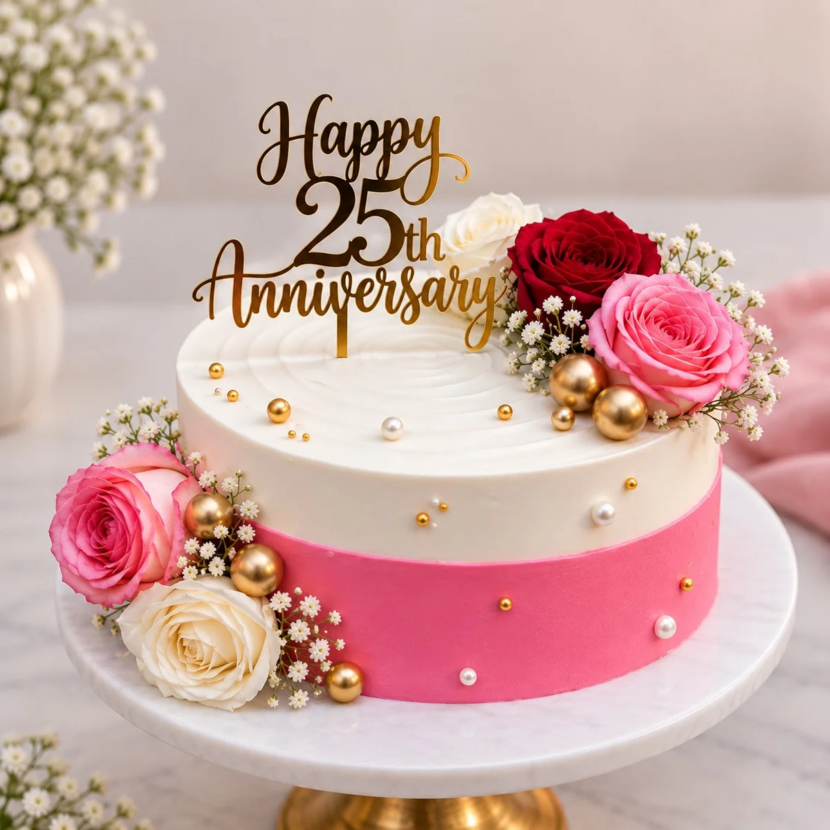 Elegant 25th Anniversary Floral Cake 500 gm-Silver Jubilee Celebration Cake