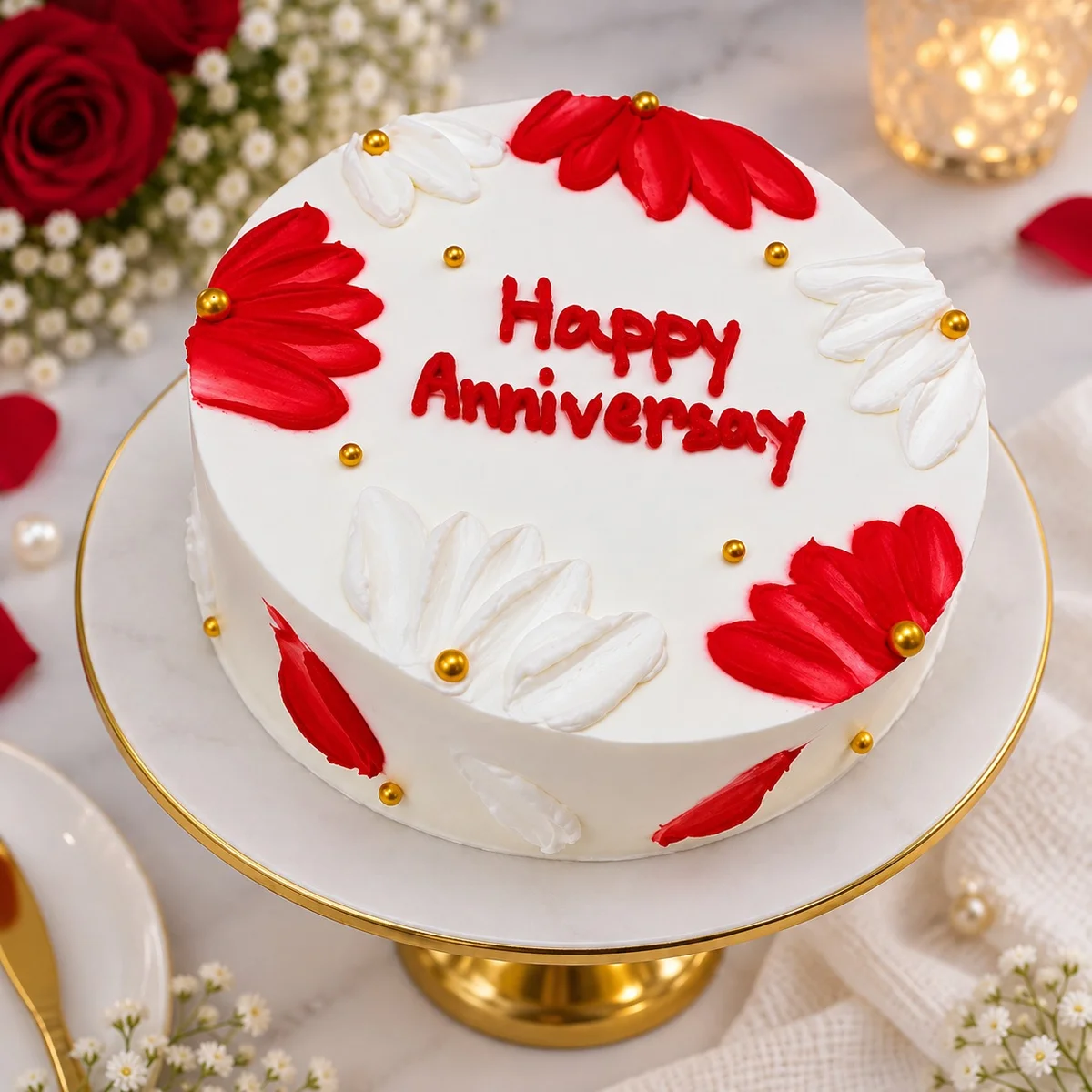 Red & White Floral Anniversary Cake 500 gm