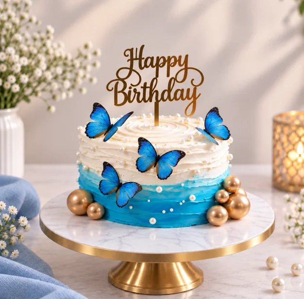 Vanilla Blue Butterfly Birthday Cake - Elegant Blue & White Celebration Cake- 500gm