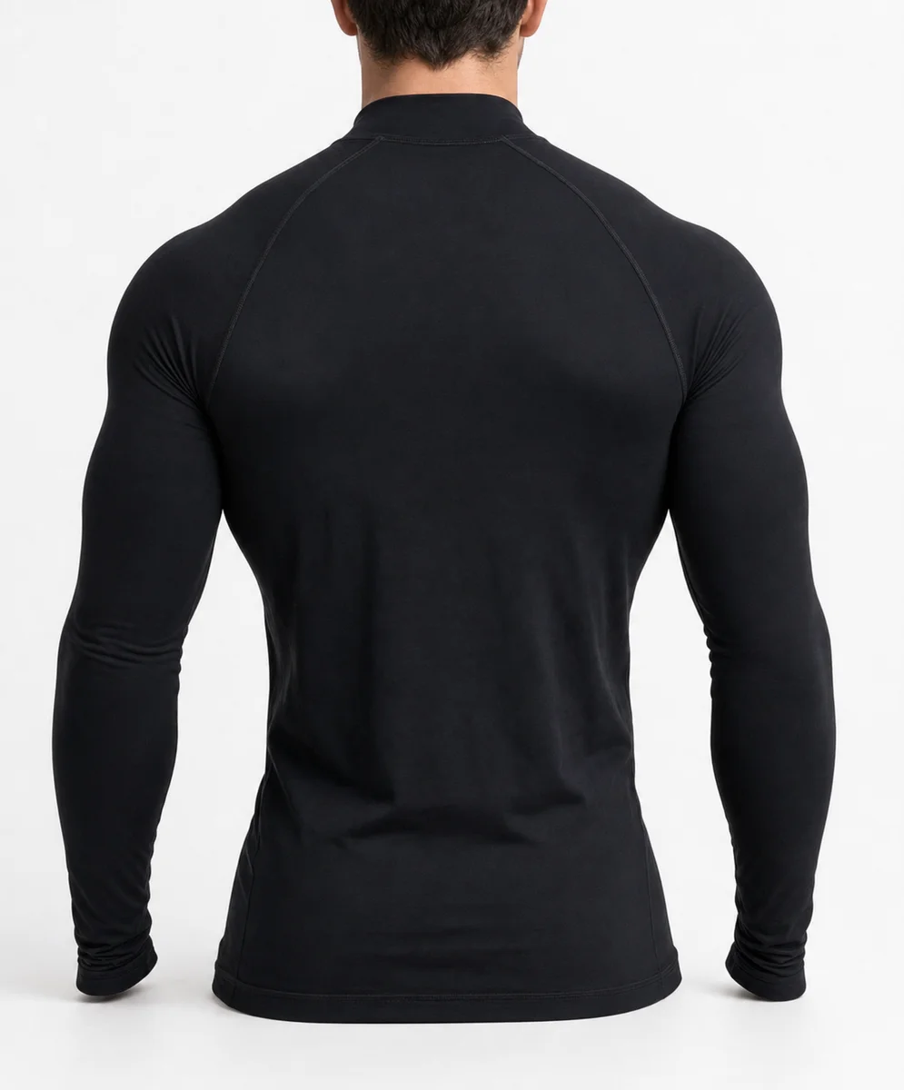 Men’s Black Long Sleeve Mock Neck Fitted T-Shirt with Logo