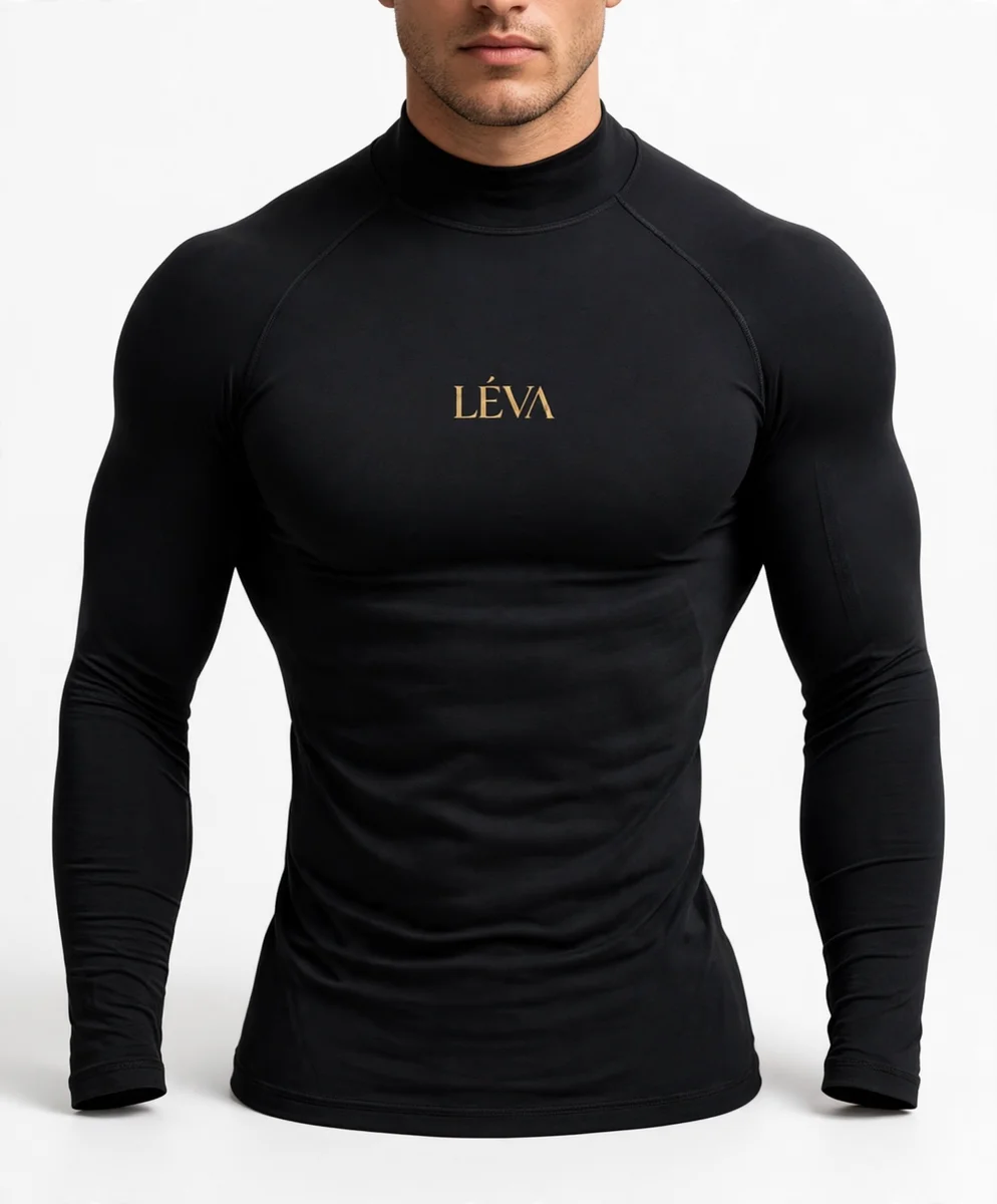 Men’s Black Long Sleeve Mock Neck Fitted T-Shirt with Logo