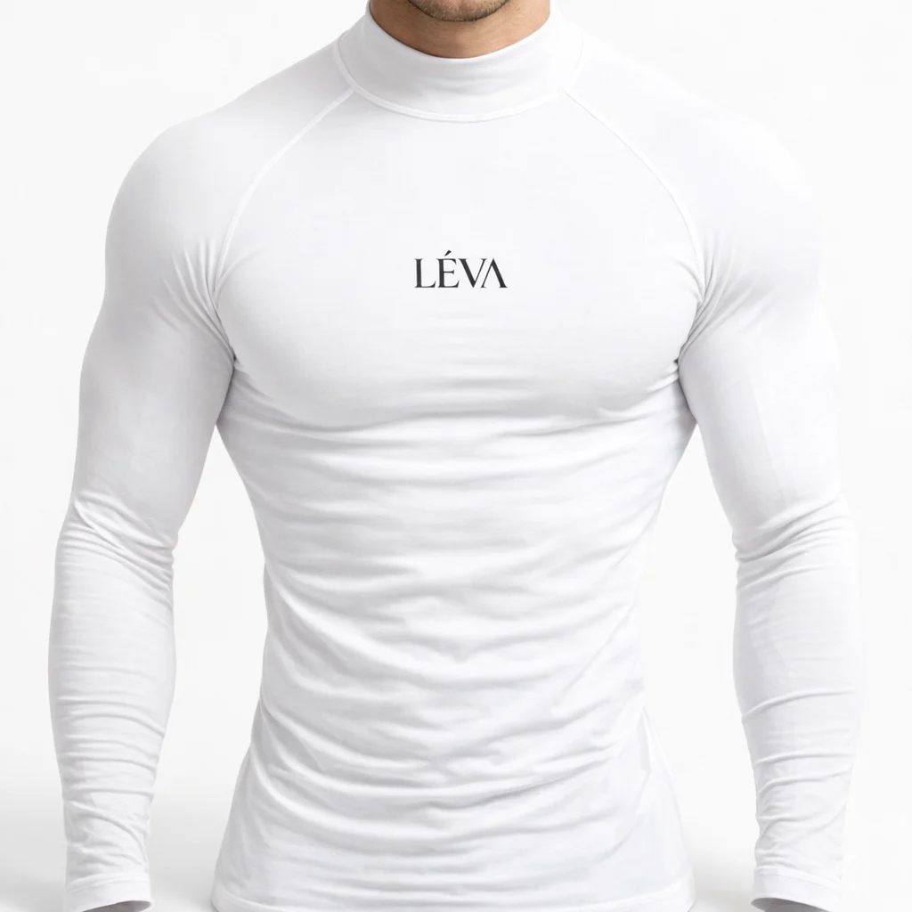Men’s White Long Sleeve Mock Neck Fitted T-Shirt with Logo