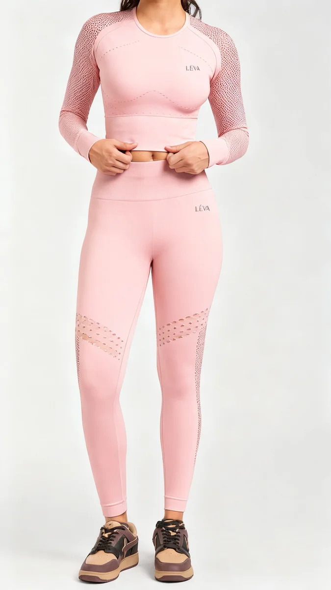 LÉVA Women’s Seamless Long Sleeve Crop Top & High-Waisted Leggings Activewear Set – Baby Pink