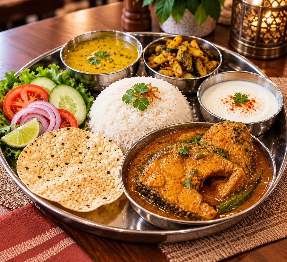 FISH THALI (Rice-200gm, 1pc Katla curry, Dal, Bhaja, Pappad, Doi)