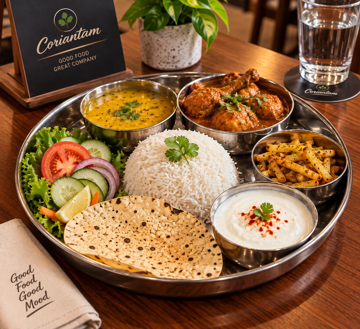 CHICKEN THALI (Rice-200gm, 2pcs chicken curry, 1-Dal, 1-Bhaja, 1- Pappad, Doi, Salad)
