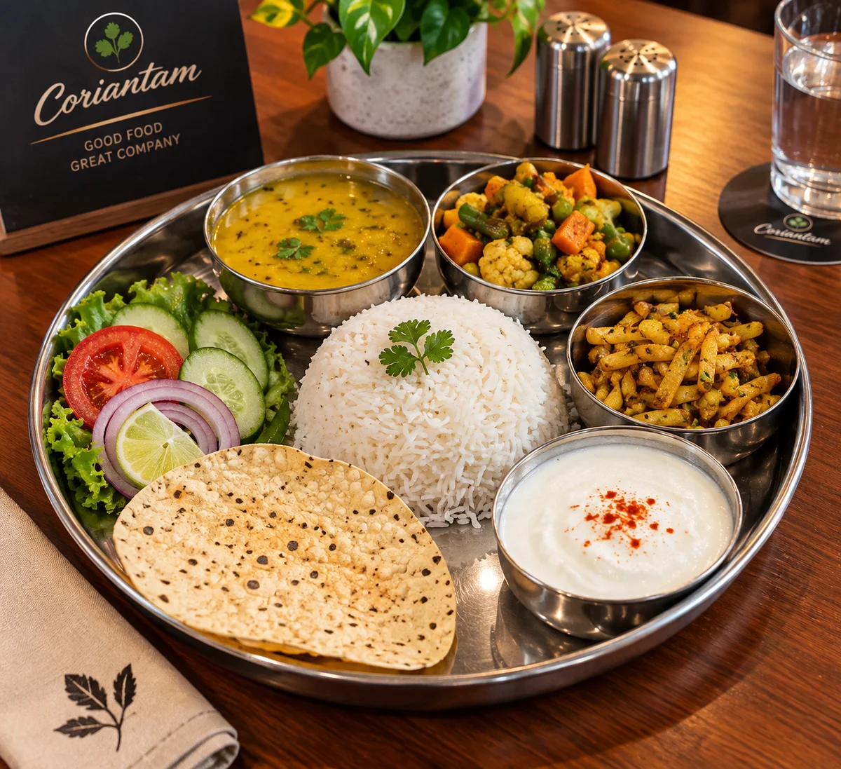 VEG THALI (RICE-200GM, MIXED VEG, DAL, BHAJA, PAPPAD, DOI)