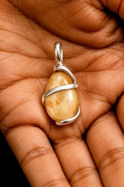 Lifestyle photograph showing a natural Citrine gemstone pendant worn on a red thread necklace, highlighting its golden translucent stone and silver wire wrap.