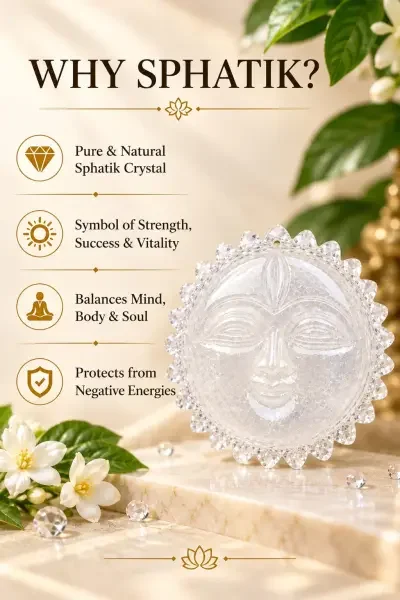 Sphatik Surya Dev crystal idol shown in close-up with green leaves and traditional brass decor, highlighting its clarity.