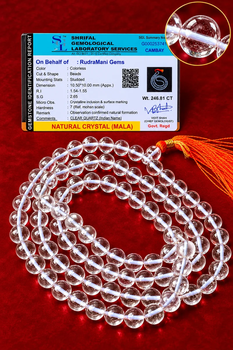 Natural Sphatik Mala 10mm Round Beads with clear quartz crystals and traditional orange tassel.