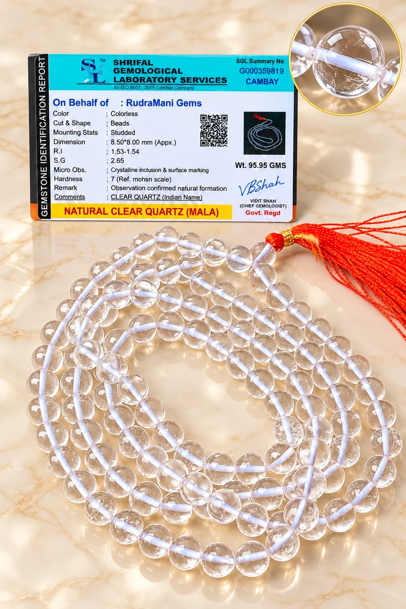 Sphatik Crystal Mala 8mm Round Beads with transparent quartz crystals, polished finish and laboratory report.