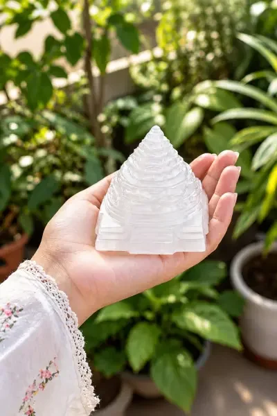 Sphatik Shree Yantra held in hand, showcasing its compact size, transparent crystal appearance and detailed stepped geometric carving.