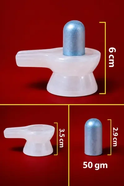 Complete Parad Shivling with Damru Vedi alongside separate size references, showing 6 cm assembled height, 3.5 cm Vedi height and 2.9 cm Lingam height.