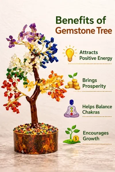 7 Chakra Gemstone Tree infographic showcasing colorful chakra branches with traditional spiritual associations including positive energy, prosperity, balance an