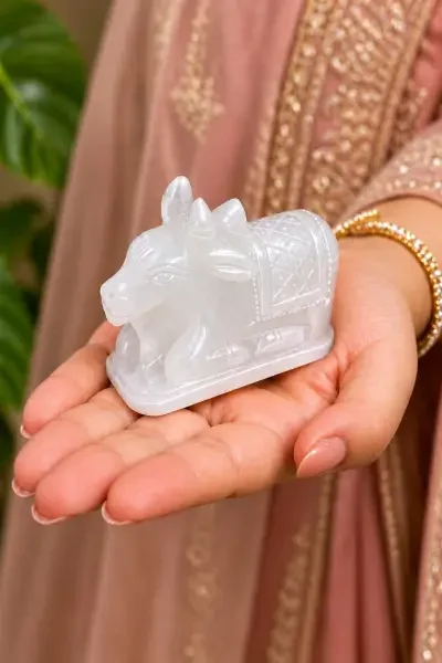 White Sphatik Nandi Ji held in hands, showcasing its compact size, smooth Quartz Crystal finish and detailed traditional carving.