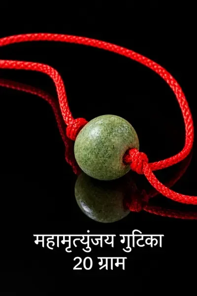 Mah Mrityunjay Gutika 20 Gram with a sacred red thread, photographed on a premium black reflective background.