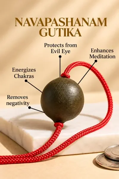 Traditional NavaPashanam Gutika presented on a marble platform in a premium spiritual setting.