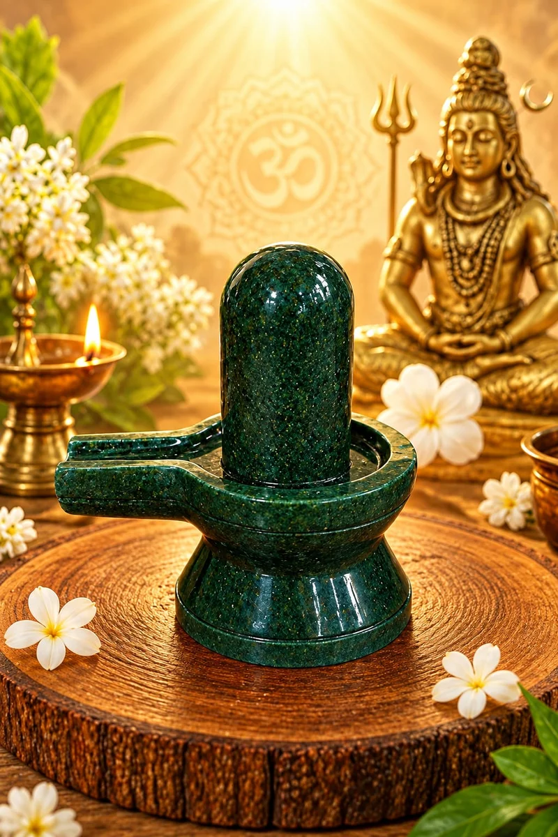 Green Aventurine Shivling presented in a traditional Shiva Puja setting with flowers, diya and a devotional backdrop.