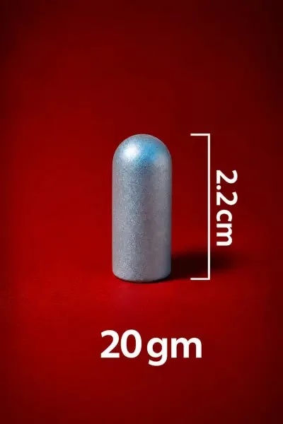 Close-up of the 20 Gram Parad Shivling, highlighting its smooth cylindrical form, metallic finish and 2.2 cm / 22 mm height.
