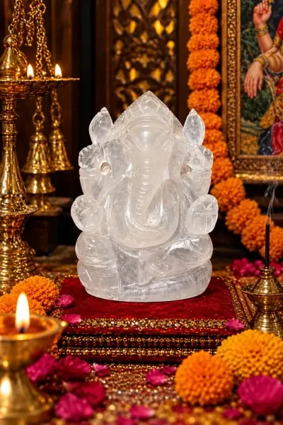 White Sphatik Ganesh Ji held in hands, showcasing its compact size, transparent crystal finish and finely carved details.