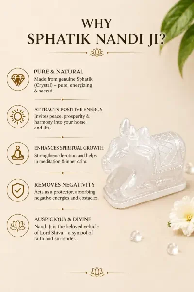 White Sphatik Nandi Ji shown in a clean spiritual setting, highlighting its crystal clarity, peaceful appearance and detailed carving.