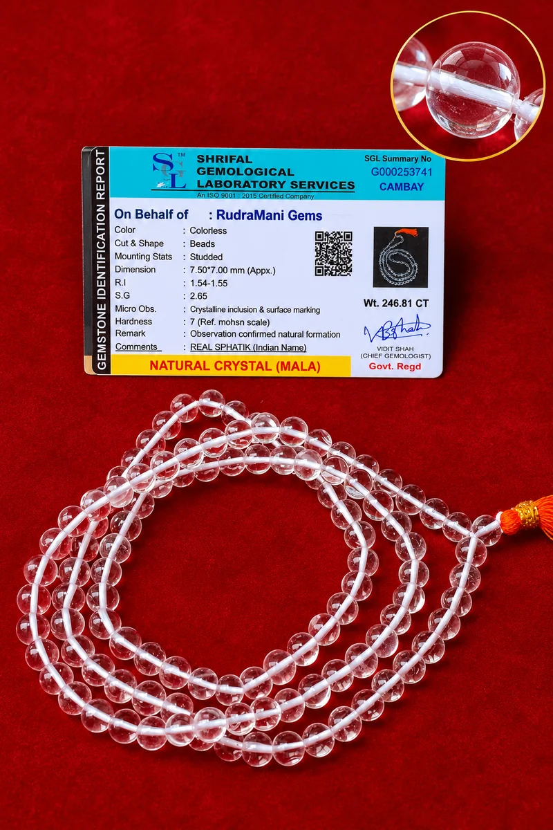 Natural Sphatik Mala 7mm Round Beads featuring clear quartz crystals, traditional orange tassel and certification card.
