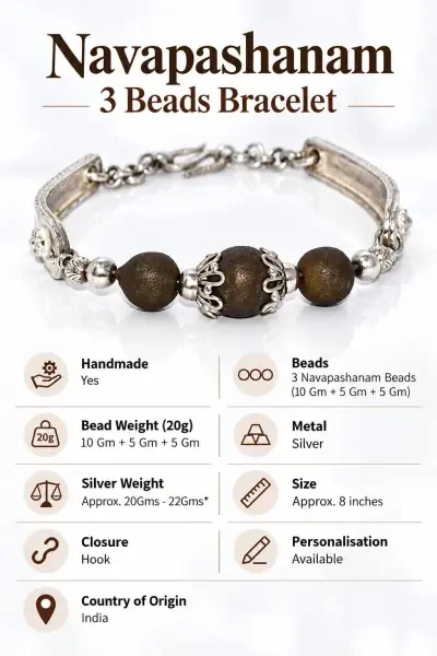Handmade Navapashanam Bracelet featuring 3 beads weighing 20g total, silver metal detailing, hook closure and adjustable personalisation options.
