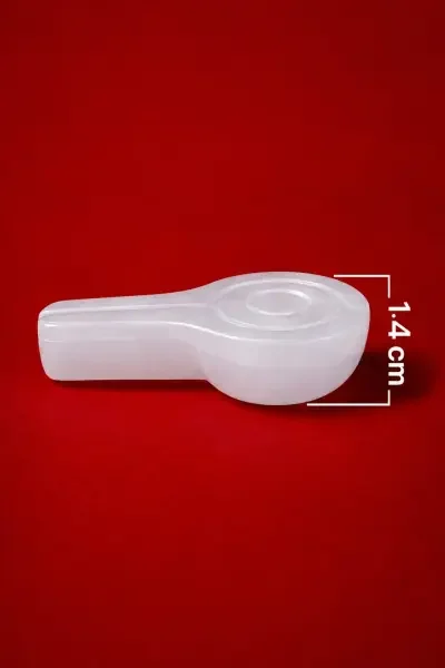 Natural Sphatik Flat Vedi shown separately, highlighting its translucent white appearance and 1.4 cm / 14 mm height.