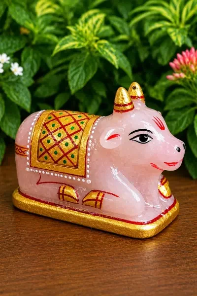 Side view of Coloured Sphatik Nandi Ji showcasing its detailed gold saddle, traditional artwork and polished crystal body.