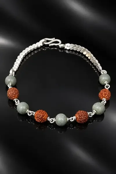 Navapashanam 5 Beads Bracelet with Rudraksha beads and a polished silver chain, showcased on a premium black background.