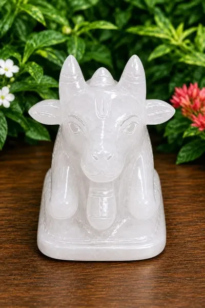 White Sphatik Nandi Ji displayed on a wooden surface, highlighting its natural Quartz Crystal body and finely carved details.