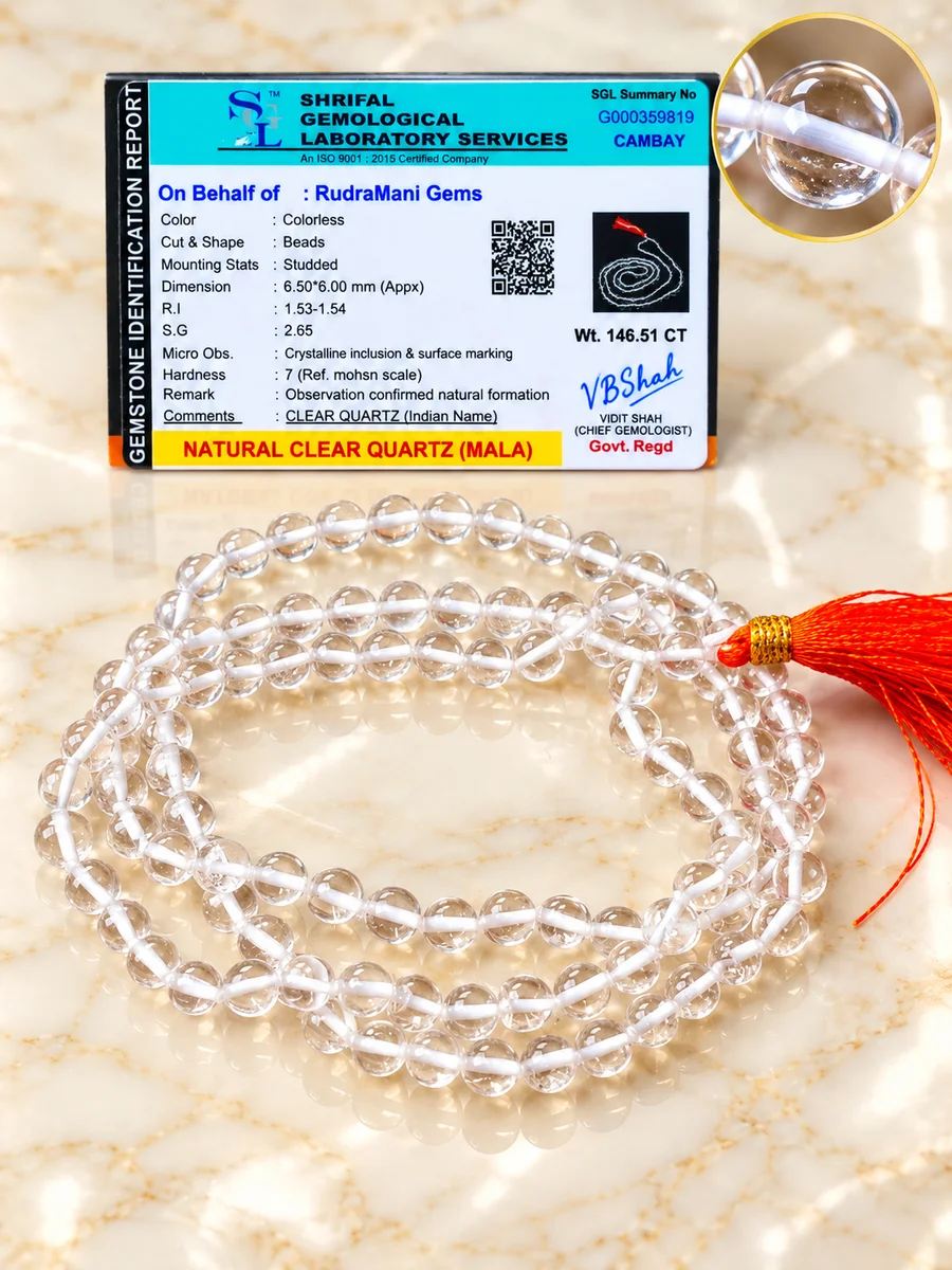 Sphatik Mala 6mm Round Beads featuring transparent crystal beads and a traditional orange tassel with certification card.