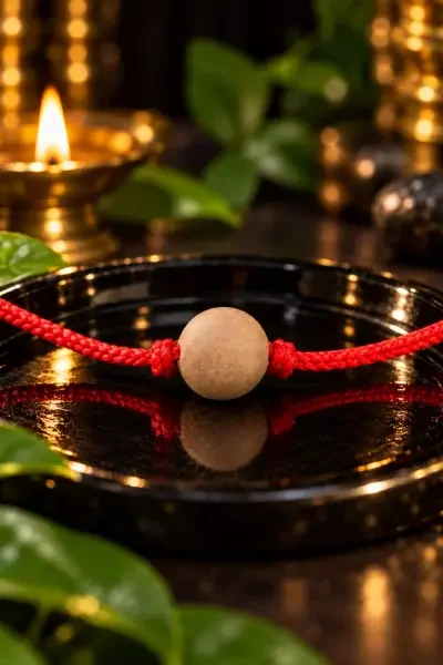 NavaPashanam Gutika with a beige bead and red thread, showcased on a black पूजा plate with warm golden lighting.