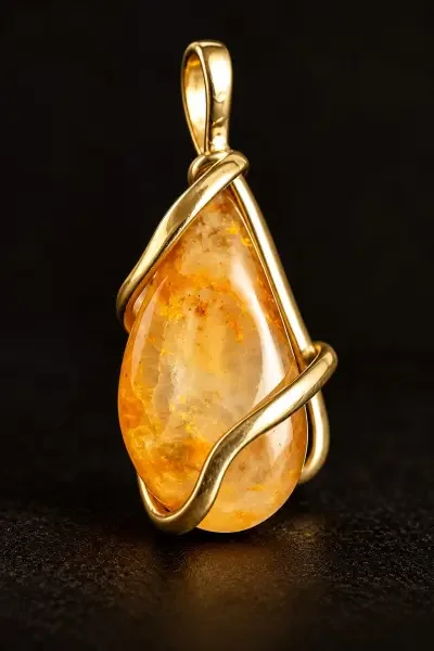 Close up product photograph of a natural Citrine gemstone pendant featuring a polished golden Citrine stone wrapped in a decorative silver wire setting against